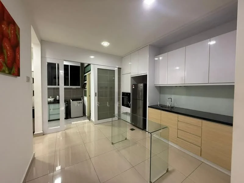 Kitchen features: white cabinetry with flat-panel doors, black countertop, stainless-steel fridge, built-in oven, ceramic tile flooring, recessed downlights, glass dining table, wall-mounted cabinets, open shelving, window with sheer curtains; style: modern. Laundry features: washer and dryer, white cabinetry, ceramic tile flooring; style: modern.