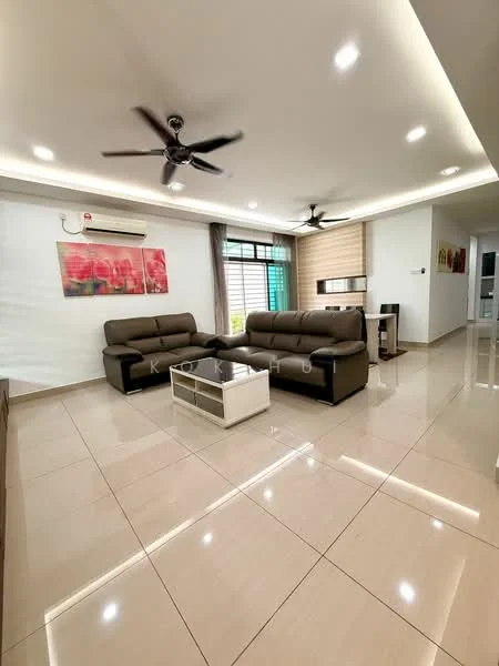 Living features: 3-seater leather sofa in brown, 2-seater leather sofa in brown, coffee table with white top and wooden base, wall-mounted air conditioning unit, ceiling fan with 3 blades, recessed LED downlights, large windows with sheer curtains, glossy ceramic tile flooring, decorative wall art with floral pattern, neutral painted walls, open layout to adjacent areas; style: modern.