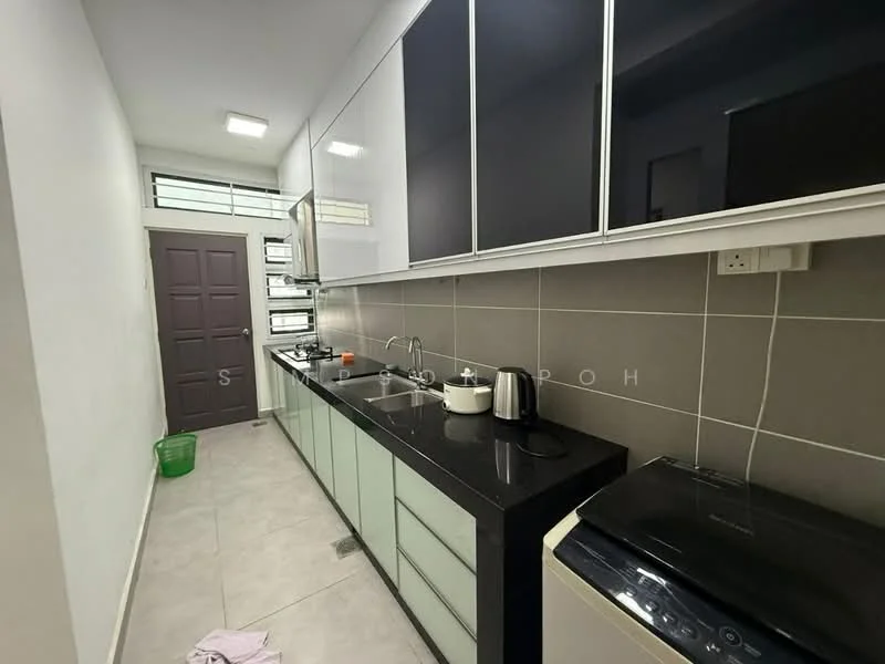 Kitchen features: white cabinetry with glass fronts, black granite countertop, stainless-steel sink, chrome pull-down faucet, built-in oven, stainless-steel range hood, ceramic tile backsplash, washing machine, tile flooring, recessed LED downlights, window for natural light, grey wall tiles, green waste bin; style: modern.