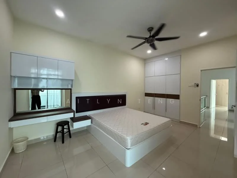 Bedroom features: queen-size bed, upholstered headboard, built-in wardrobe with sliding doors, desk with mirror, ceiling fan with light, cream painted walls, glossy tile flooring, window with sheer curtains; style: modern.