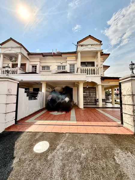 Exterior type: semi-detached house; features: two-storey structure, white painted facade, red tiled roof, balcony with railing, paved driveway, manicured garden, security gate, outdoor lighting, air conditioning units visible, fenced perimeter; style: modern.