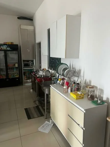 Kitchen features: white cabinets, stainless-steel countertop, ceramic tile flooring, kitchen island with bar stools, various kitchen appliances, multiple pots and pans, dishes and utensils, refrigerator, open shelving, decorative items on countertop; style: modern.
