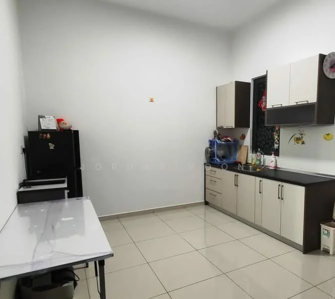 Kitchen features: white painted walls, glossy ceramic tile flooring, black countertop, two-tone cabinetry with cream and dark brown, stainless-steel fridge, sink with faucet, kitchen table with marble top, window with mesh grille, wall-mounted storage, decorative items on countertop; style: modern.