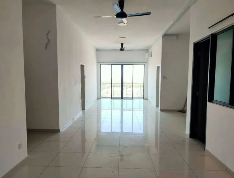 Room features: white painted walls, glossy ceramic tile flooring, 5-blade ceiling fan, floor-to-ceiling windows, sliding glass door, natural light from windows, open layout, neutral color scheme; style: modern; view: city.