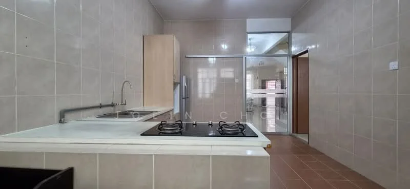 Kitchen features: white tiled walls, cream tiled flooring, L-shaped countertop, stainless-steel sink, chrome pull-down faucet, 4-burner gas hob, built-in oven, wood cabinetry, recessed downlights, open layout, window for natural light; style: modern.