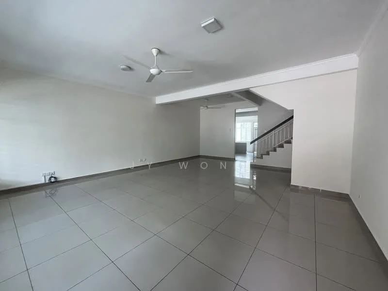 Living features: white painted walls, polished ceramic tile flooring, 5-blade ceiling fan, recessed downlights, large windows, open layout, staircase leading to upper floor, neutral color scheme; style: modern.
