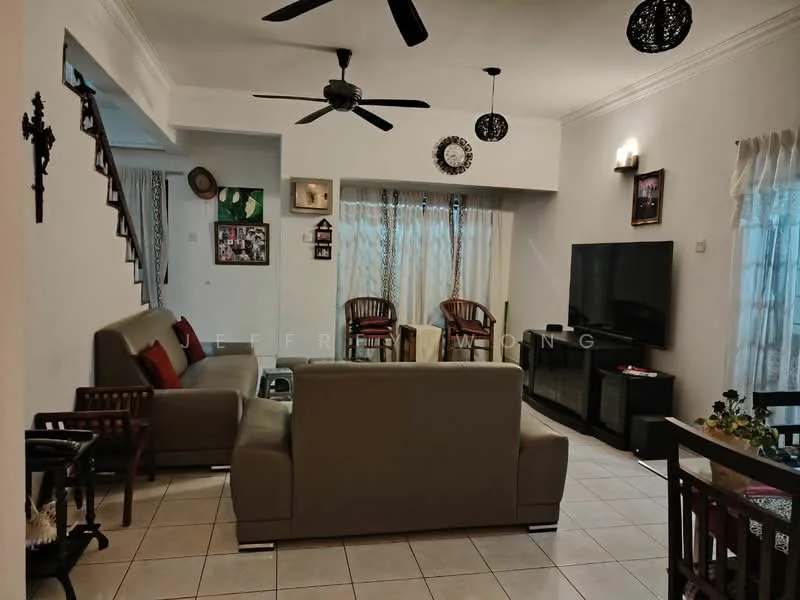 Living features: 3-seater fabric sofa in beige, 2-seater fabric sofa in grey, wooden coffee table, TV console, wall-mounted TV, ceiling fan with light, recessed downlights, floor-to-ceiling windows with sheer curtains, decorative wall clock, framed artwork, area rug, wooden armchairs, dining table with chairs; style: modern.
