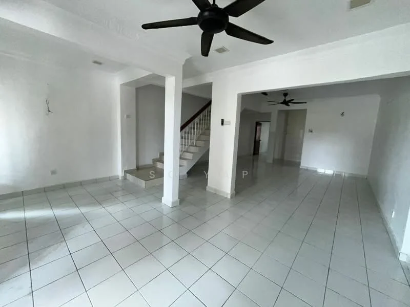 Living features: white painted walls, ceramic tile flooring, exposed ceiling with crown moulding, 2 ceiling fans, staircase leading to upper floor, open layout, natural light from windows, neutral color scheme; style: modern.