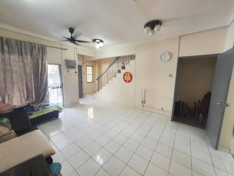 Living features: white painted walls, ceramic tile flooring, 5-blade ceiling fan, recessed downlights, sliding glass door, curtains, wall clock, staircase, sofa, coffee table; style: modern. Room features: grey painted walls, ceramic tile flooring, doorway.
