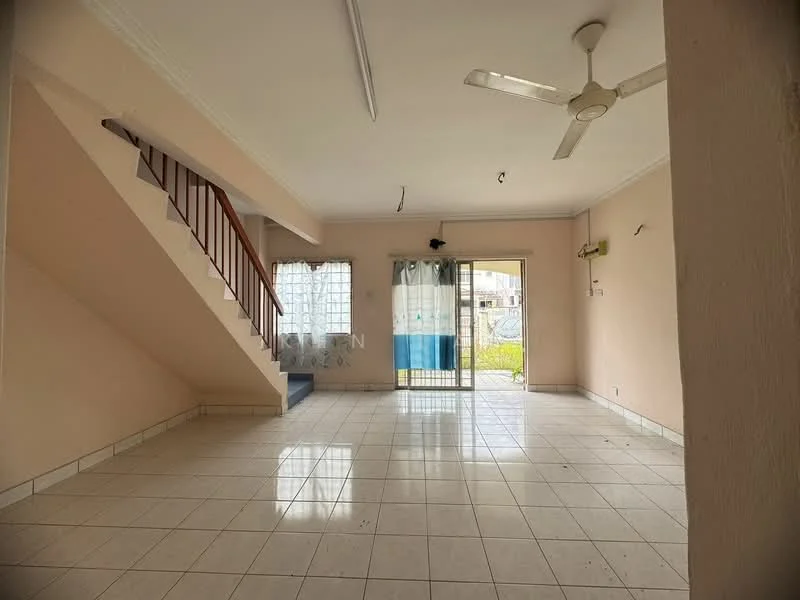 Living features: white painted walls, ceramic tile flooring, ceiling fan, sliding glass door, window with sheer curtains, staircase with wooden railing, recessed lighting, open layout, access to outdoor area; style: modern; view: garden.