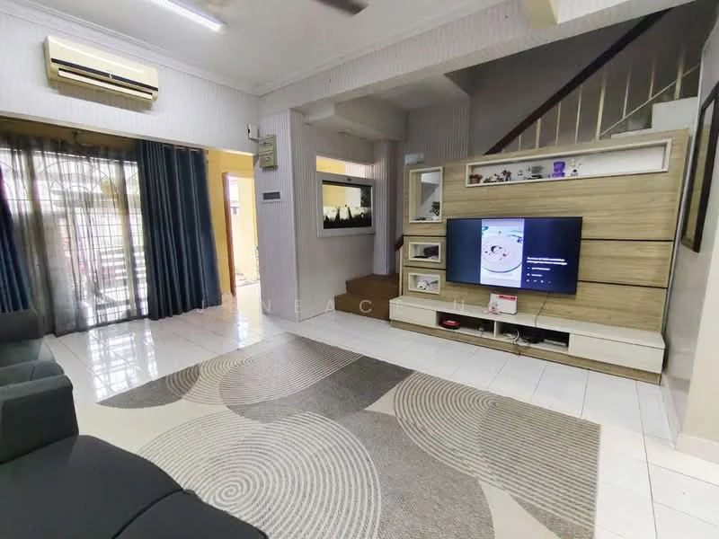 Living features: grey fabric sofa, area rug with circular pattern, wall-mounted TV, entertainment unit with storage, white painted walls, recessed downlights, ceiling fan, large window with sheer curtains, sliding glass door, wooden staircase; style: modern. Room features: white tiled flooring, air conditioning unit.