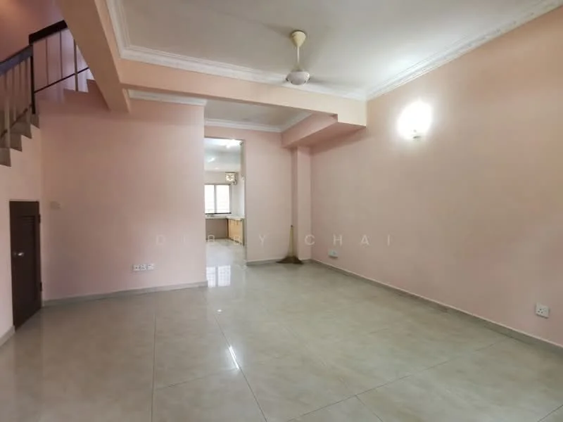 Living features: pink painted walls, glossy ceramic tile flooring, ceiling fan, recessed downlights, window with natural light, open layout, staircase visible in background, wall-mounted light fixture; style: modern.