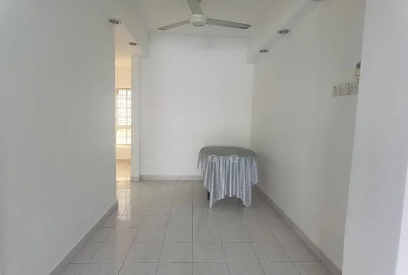 Room features: white painted walls, glossy ceramic tile flooring, ceiling fan, table with tablecloth, recessed lighting, window with sheer curtains, open layout, neutral color scheme; style: modern.