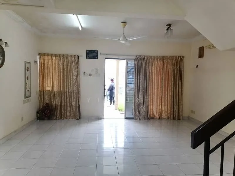 Living features: white painted walls, glossy ceramic tile flooring, ceiling fan, recessed downlights, two sets of sheer curtains, double sliding glass door, access to outdoor area, decorative wall clock; view: garden.