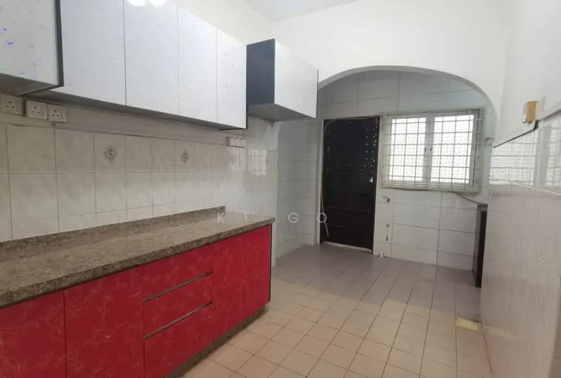 Kitchen features: red cabinetry with decorative pattern, white upper cabinets, granite countertop, ceramic tile backsplash, single-bowl stainless-steel sink, chrome faucet, wall-mounted cabinets, tile flooring, window with grid pattern, door leading to another room; style: modern.