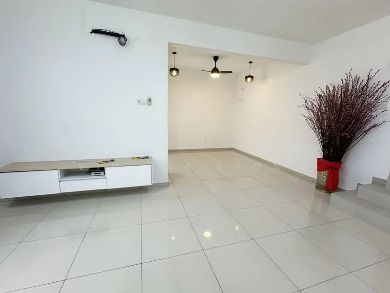 Living features: white painted walls, glossy ceramic tile flooring, 5-blade ceiling fan with light, 2 pendant lights, wall-mounted TV console, decorative plant in red pot, open layout, natural light from windows; style: modern.