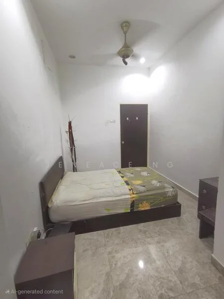 Bedroom features: queen-size bed, light-colored bedding with floral pattern, 2 bedside tables, marble flooring, white painted walls, ceiling fan, single door, window with no visible treatment.