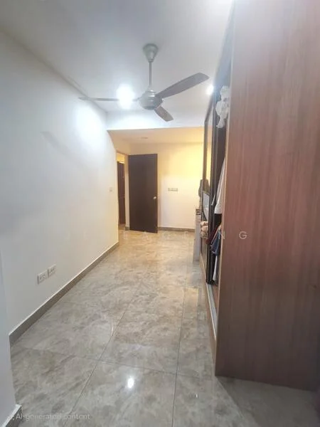 Room features: marble tile flooring, white painted walls, ceiling fan, recessed downlights, wooden cabinetry, door with handle, open space layout, light switch, wall-mounted shelves; style: modern.