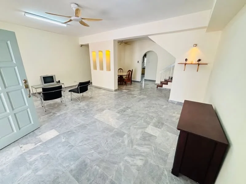Living features: marble flooring, white painted walls, 5-blade ceiling fan, wall-mounted light fixture, large windows, open layout, dining area adjacent, staircase leading to upper floor, TV console, two black chairs, small television, wooden sideboard; style: modern.