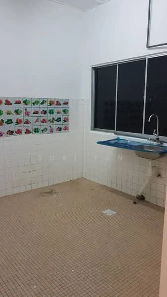 Room features: white tiled walls, decorative wall tiles with fruit pattern, light brown tiled flooring, single-bowl stainless-steel sink, chrome faucet, window with black frames, no visible cabinetry, no visible appliances.