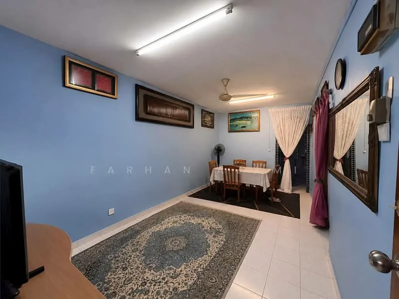 Dining features: blue painted walls, white ceiling, recessed lighting, 5-blade ceiling fan, dining table for six, upholstered dining chairs, area rug with geometric pattern, framed artwork on walls, curtains in purple, mirror on wall, tile flooring; style: contemporary.
