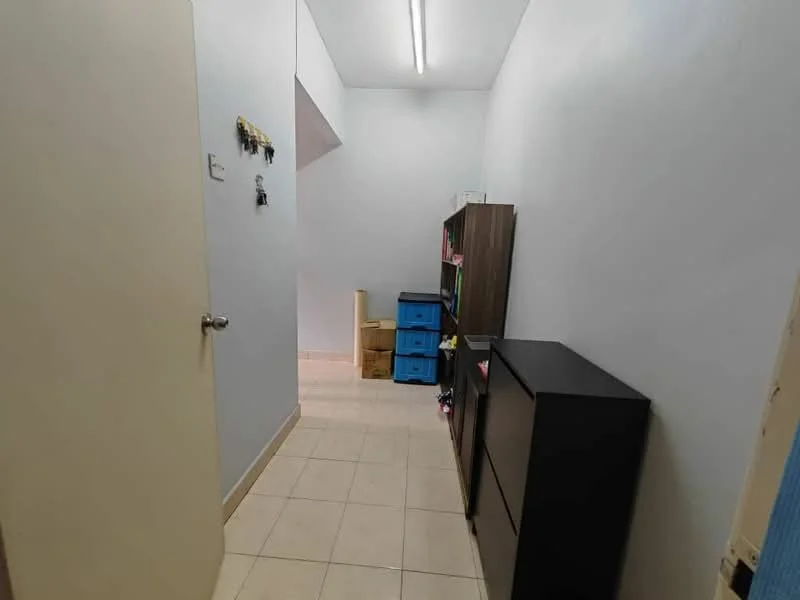 Room features: light grey painted walls, white ceiling, tile flooring, two-door wooden door, built-in wooden shelving unit, black storage cabinet, blue plastic storage drawers, overhead fluorescent lighting; style: modern.