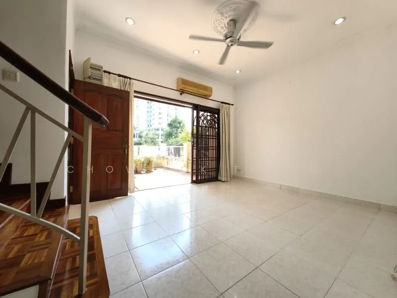 Living features: white painted walls, tile flooring, 5-blade ceiling fan with light, floor-to-ceiling sliding glass door, wooden door with decorative grille, window air conditioning unit, natural light from door, access to outdoor space; style: modern; view: garden.