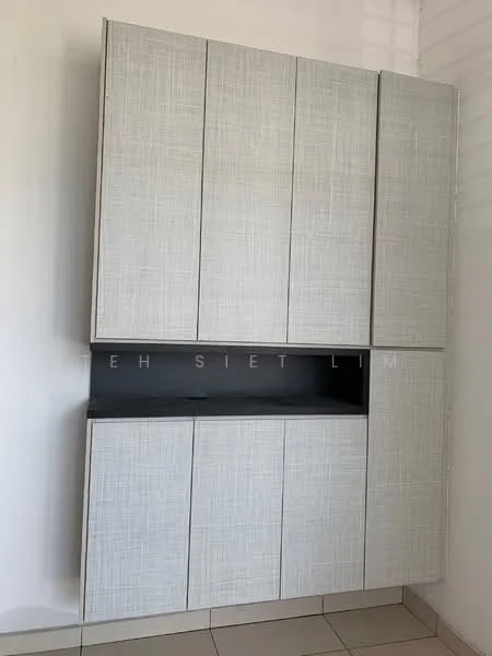Room features: wall-mounted cabinetry, light grey textured finish, multiple cabinet doors, open shelf space, neutral wall colour, tile flooring; style: modern.