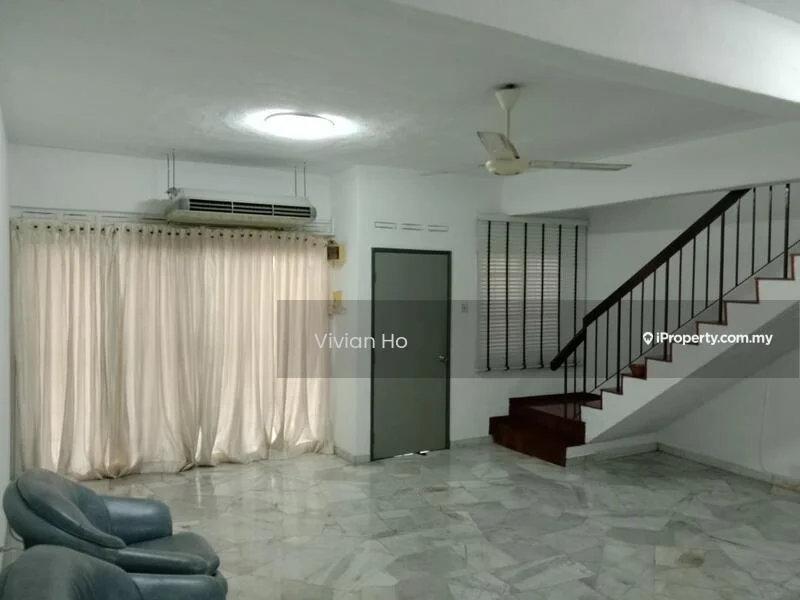 Living features: marble flooring, white painted walls, 5-blade ceiling fan, wall-mounted split AC, large windows with sheer curtains, staircase with wooden steps, door leading to another room, decorative ceiling light; style: modern.