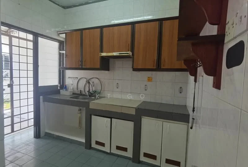 Kitchen features: brown wooden upper cabinets, white lower cabinets, grey countertop, single-bowl stainless-steel sink, chrome pull-down faucet, built-in stove with exhaust hood, tile backsplash, window with security grille, open shelving, light blue tile flooring; style: modern.