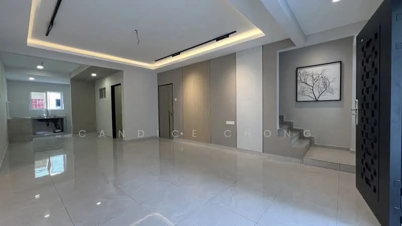 Room features: glossy marble tile flooring, white painted walls, recessed ceiling lights, wall-mounted light fixtures, staircase with grey steps, framed artwork on wall, open layout, large windows for natural light; style: modern.