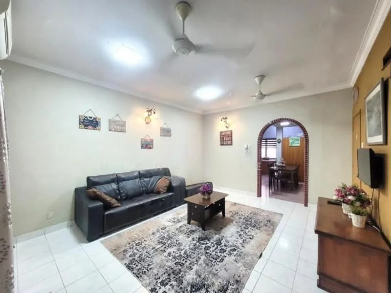 Living features: 3-seater black leather sofa, wood coffee table, area rug with intricate pattern, wall-mounted TV, white painted walls, white tiled flooring, 2 ceiling fans, decorative wall art, recessed lighting, arched doorway, wooden console table, potted plants; style: contemporary.