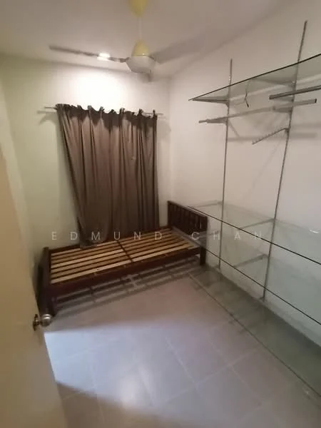 Bedroom features: single bed frame, glass shelving unit, curtain with tiebacks, ceiling fan, grey tiled flooring, white painted walls, window with natural light; style: minimalist.