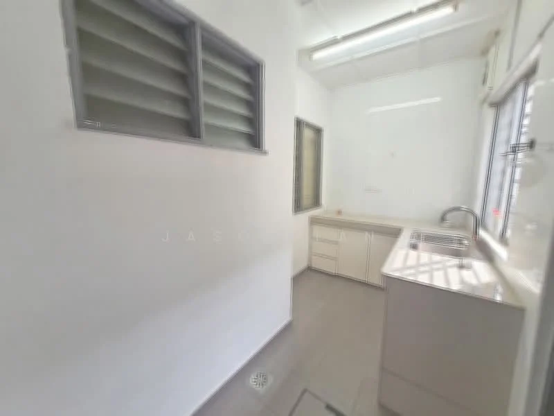 Room features: white painted walls, grey tile flooring, single-bowl stainless-steel sink, chrome pull-down faucet, white cabinetry, countertop with integrated backsplash, window with louvered shutters, natural light from window; style: modern.