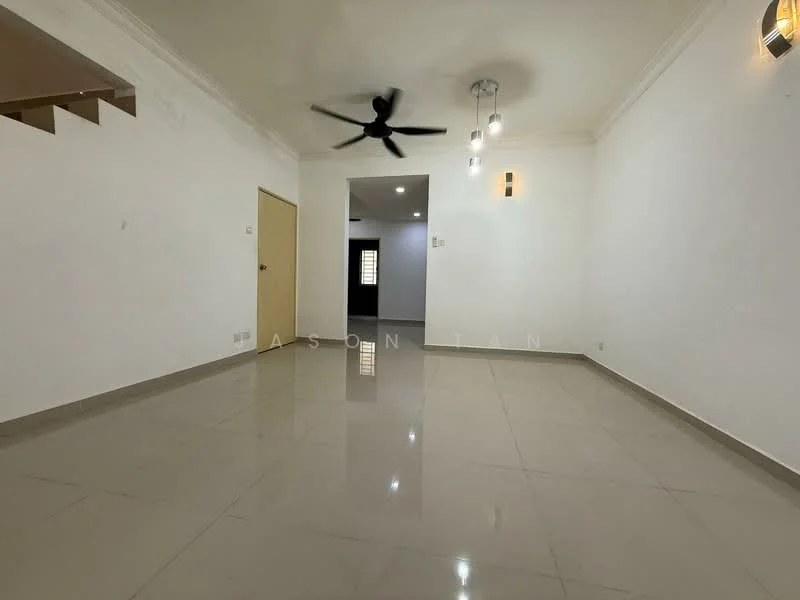 Living features: white painted walls, polished ceramic tile flooring, 5-blade ceiling fan, recessed downlights, wall-mounted light fixture, door leading to hallway, large windows for natural light; style: modern.