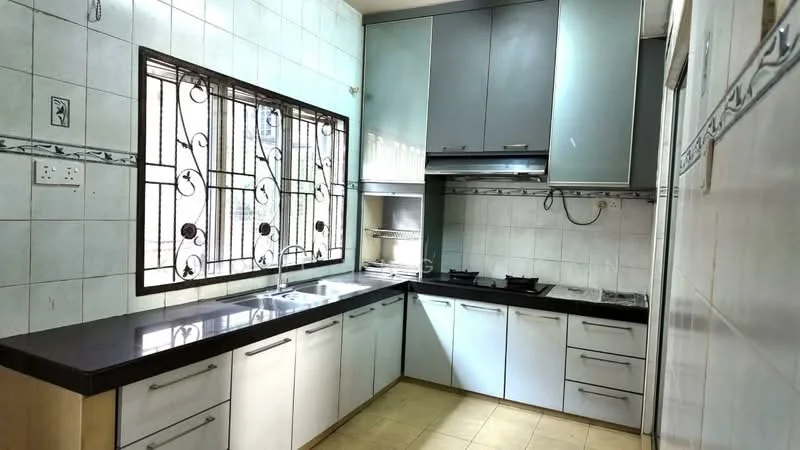Kitchen features: double-bowl stainless-steel sink, chrome pull-down faucet, black granite countertop, white cabinetry with flat-panel doors, grey upper cabinets, built-in oven, 4-burner gas hob, ceramic tile backsplash, wall-mounted range hood, window with decorative iron grille, light-colored tile flooring, recessed lighting; style: modern.
