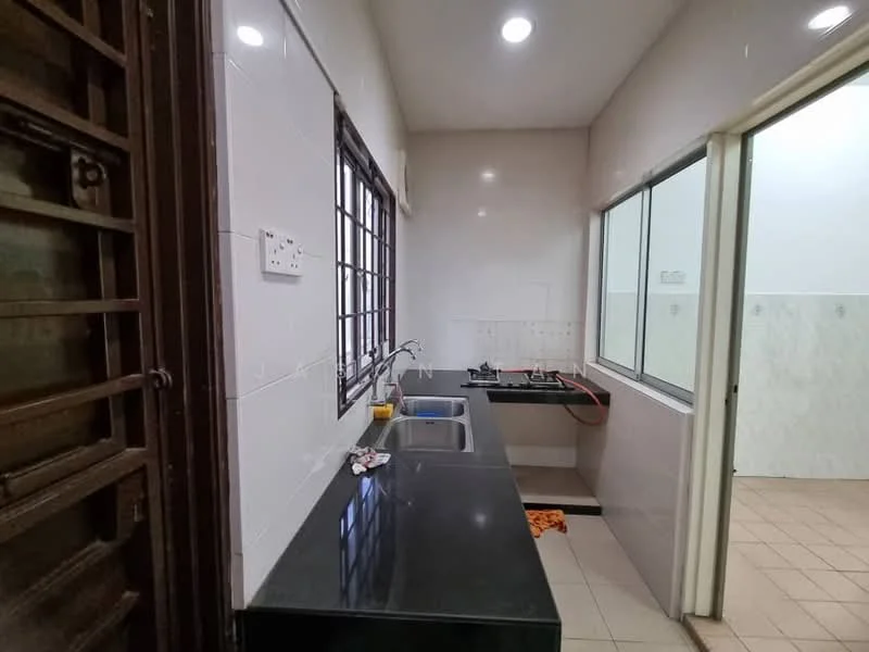 Kitchen features: black granite countertop, double-bowl stainless-steel sink, chrome pull-down faucet, built-in gas hob, white tiled walls, window with metal grille, floor tiles, kitchen cabinetry; style: modern. Room features: white tiled walls, floor tiles, window.