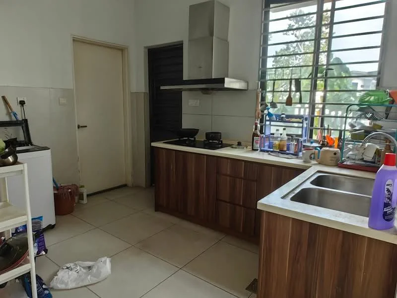 Kitchen features: brown wooden cabinetry, white countertop, stainless-steel sink, chrome pull-down faucet, built-in stove, exhaust hood, tile flooring, window with horizontal slats, kitchen utensils on countertop, various appliances on countertop, open shelving, door leading to hallway; style: modern; view: garden.