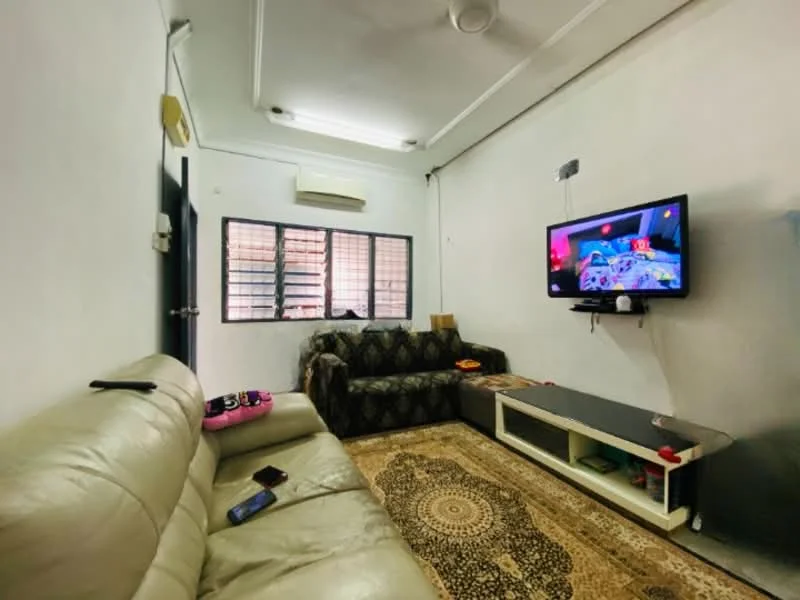 Living features: cream leather sofa, 3-seater fabric sofa in grey, wall-mounted TV, TV console with storage, area rug with geometric pattern, recessed ceiling lights, wall-mounted air conditioning unit, window with grilles, white painted walls, ceiling with crown moulding; style: modern.