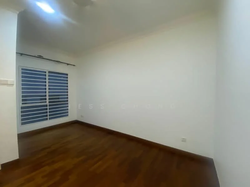 Room features: white painted walls, wooden flooring, sliding window with horizontal slats, ceiling fan.
