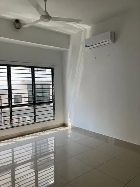 Room features: white painted walls, glossy ceramic tile flooring, ceiling fan, wall-mounted split AC, floor-to-ceiling windows with black metal grilles, natural light from windows; style: modern.