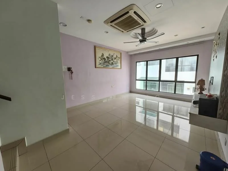 Living features: light purple painted walls, glossy beige tile flooring, 5-blade ceiling fan with light, recessed downlights, large floor-to-ceiling windows, sliding glass door, wall-mounted TV console, decorative wall art, air conditioning unit; style: modern.