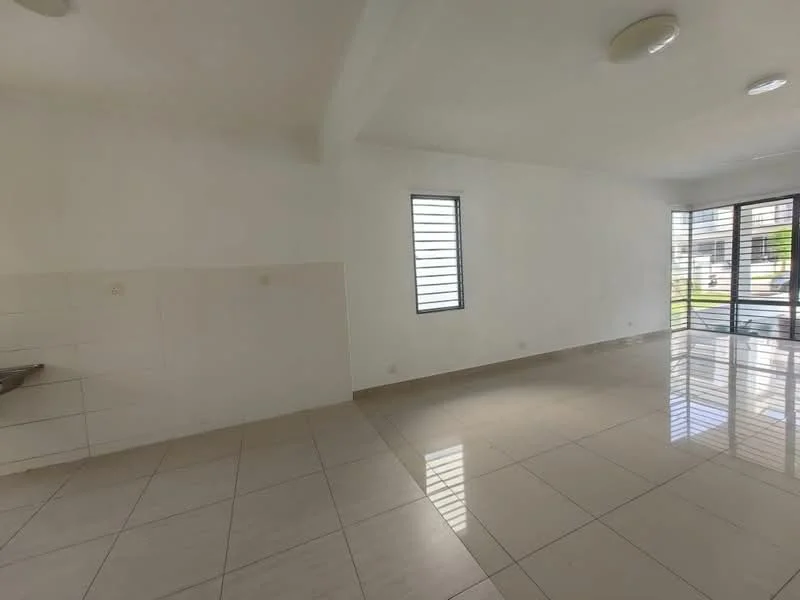 Room features: white painted walls, tile flooring, large windows, natural light, recessed ceiling lights, open layout, corner window, neutral color scheme; style: modern; view: garden.