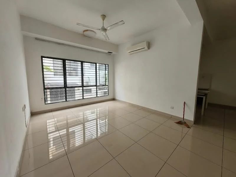 Living features: white painted walls, glossy ceramic tile flooring, ceiling fan, wall-mounted split AC, floor-to-ceiling windows, blackout window grills, natural light, neutral color scheme; style: modern.