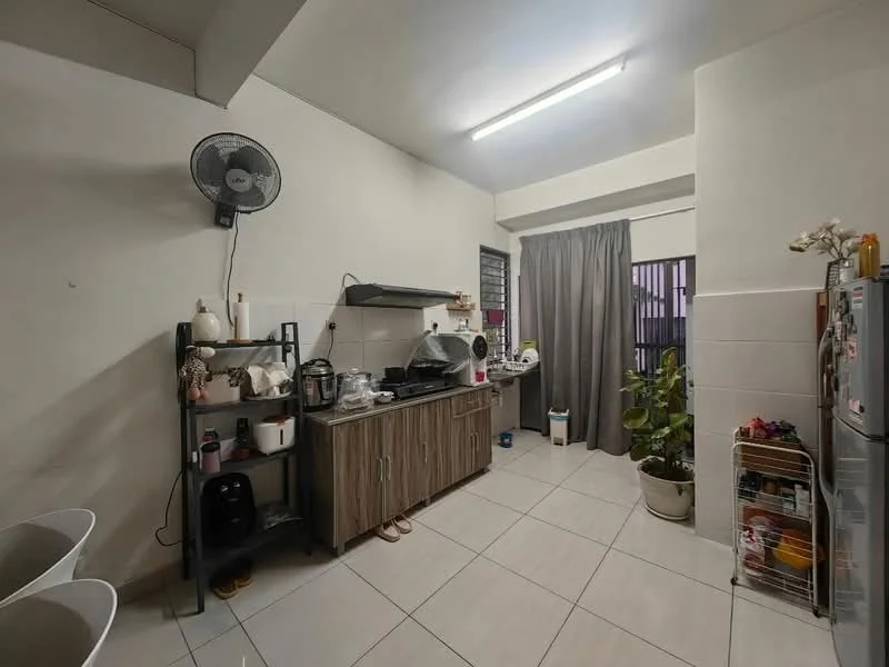 Kitchen features: wall-mounted split AC, 5-blade ceiling fan, white painted walls, grey cabinetry, stainless-steel sink, chrome pull-down faucet, ceramic tile flooring, refrigerator, kitchen countertop, window with curtain, potted plant, open shelving, microwave, cooking stove, dish rack; style: modern.