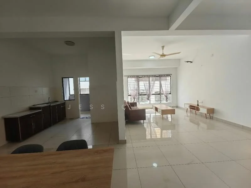 Living features: white painted walls, glossy tile flooring, 5-blade ceiling fan, large windows with sheer curtains, sofa, coffee table, TV console, area rug; style: modern. Kitchen features: white tiled walls, ceramic tile flooring, wood cabinetry, single-bowl stainless-steel sink, built-in countertop, stove, exhaust hood; style: modern.