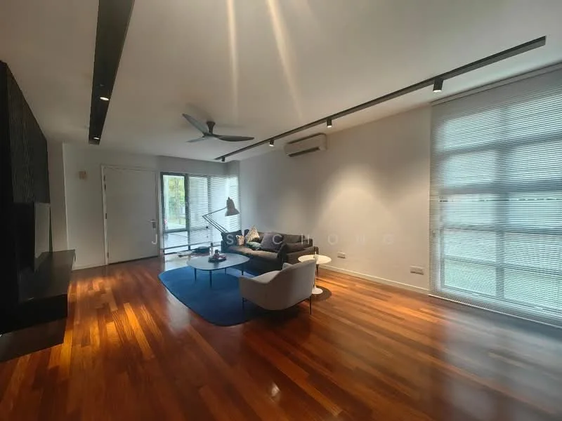 Living features: wood flooring, 5-blade ceiling fan with light, recessed LED downlights, floor-to-ceiling windows, sliding glass door, sheer curtains, sofa in dark fabric, coffee table, area rug, wall-mounted TV, decorative wall panel, air conditioning unit; style: modern; view: garden.