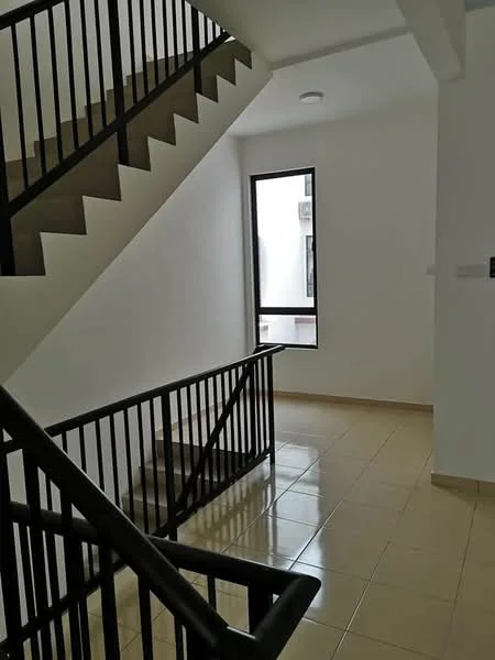 Room features: white painted walls, tile flooring, black metal railing, staircase with concrete steps, large window providing natural light, ceiling light fixture; style: modern.