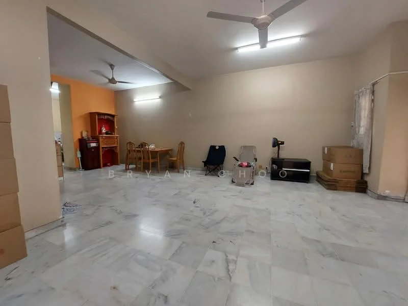Living features: marble flooring, white painted walls, ceiling fan, large windows with sheer curtains, dining table with chairs, wooden sideboard, cardboard boxes, freestanding chair, empty space, light fixtures on ceiling.