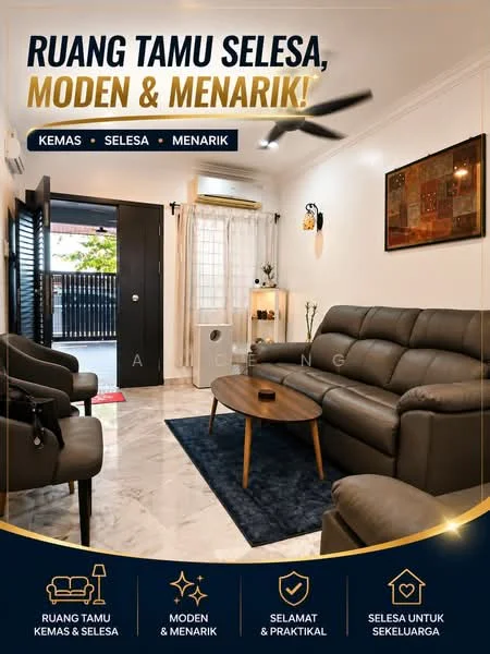 Living features: 3-seater leather sofa in grey, wooden coffee table, wall-mounted TV, decorative artwork on wall, ceiling fan, recessed downlights, light-colored walls, laminate flooring, window with sheer curtains, decorative mirror, area rug with geometric pattern; style: modern.